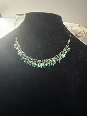 Silver Chain Necklace with Green Bead Fringe